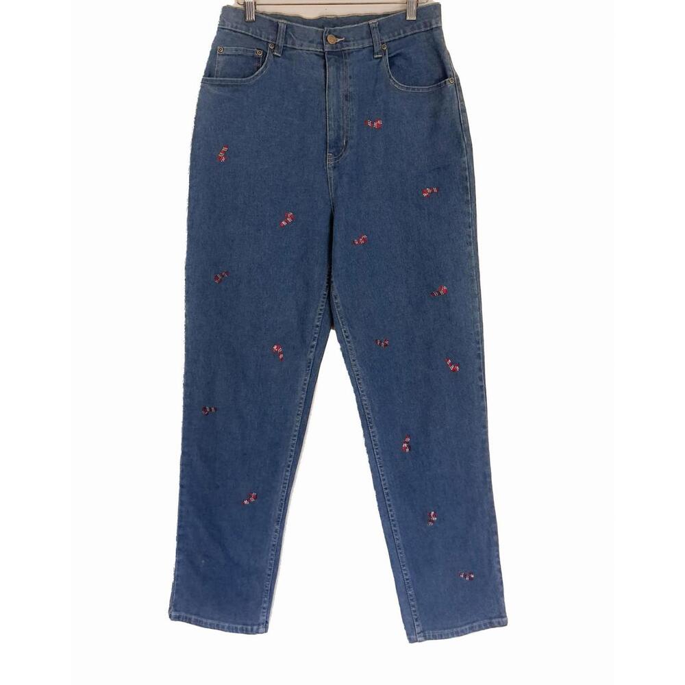 QUACKER FACTORY Women's Candy Cane Embellished High Rise Novelty Mom Jeans, 12